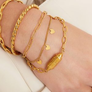 Dubbel armbandje met hartjes goud/zilver